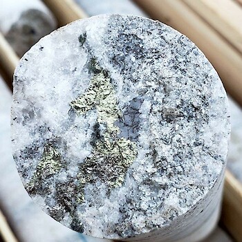 Chalcopyrite, sphalerite and pyrrhotite in marble from September 2021 drilling at the Mountain Base Metals Project in Virginia.