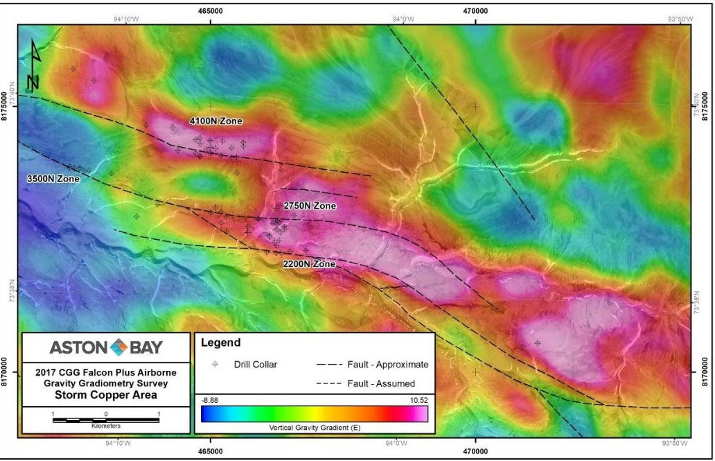 Figure 2. Storm Copper Prospect area detailed view from the 2017 CGG Falcon Plus Airborne Gravity Gradiometry Survey, Aston Bay Property, Nunavut