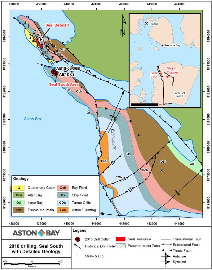 Figure 7. Geological map of Seal and Seal South areas. Inset map shows the location of Aston Bay's Seal zinc and Storm copper projects south of the Polaris mine and the community of Resolute Bay in the Polaris mining district, Nunavut.