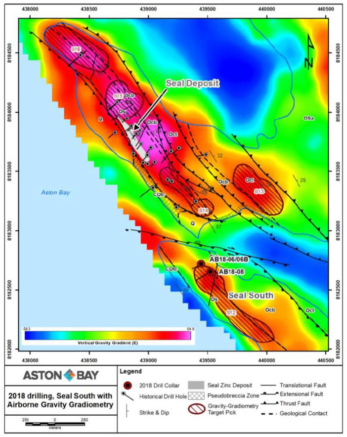 Figure 8. Gravity gradiometry map of Seal deposit and Seal South prospect, with 2018 drill collar locations, select geology, and historical drilling.  The surface projection of the Seal deposit is shown in grey.